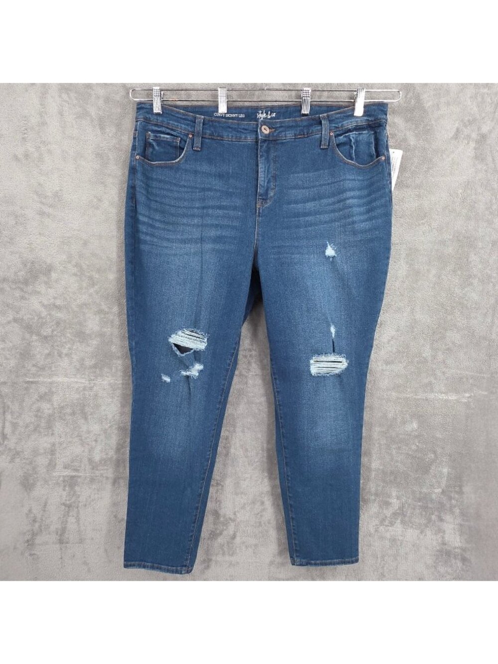 Style & Co Curvy Skinny Leg Denim Jeans 20W Medium Blue Wash Distressed Rips New